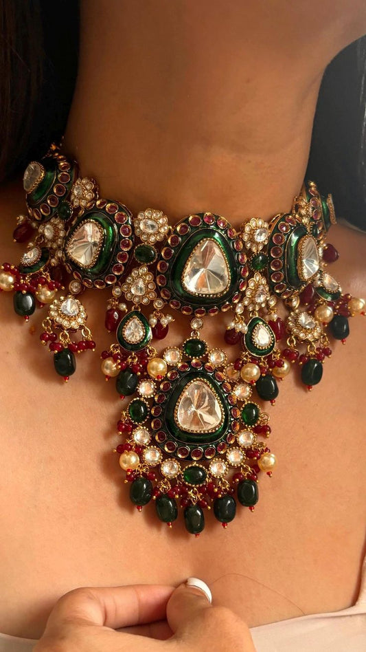 Kundan Polki Statement Necklace & Earrings: Ruby, Emerald, Sapphire, Pearl